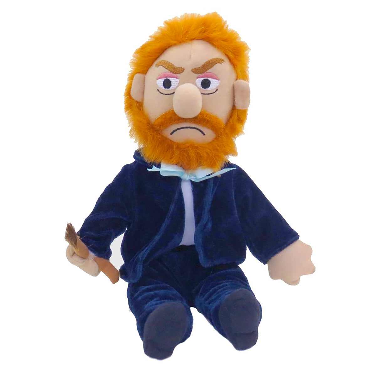 A plush toy figure of Vincent van Gogh with orange hair and beard, wearing a blue velvet jacket and trousers, seated against a plain white background.