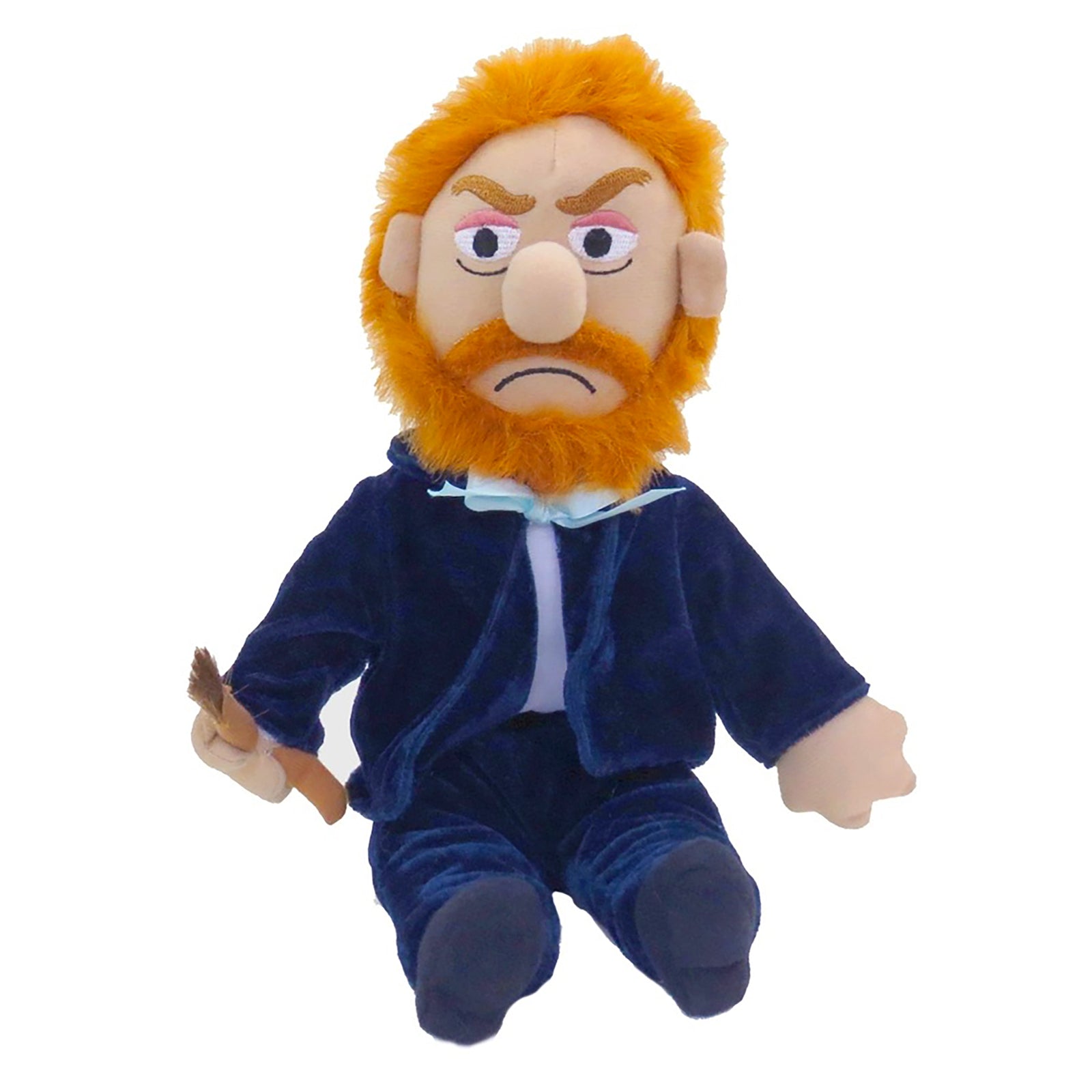 A plush toy figure of Vincent van Gogh with orange hair and beard, wearing a blue velvet jacket and trousers, seated against a plain white background.