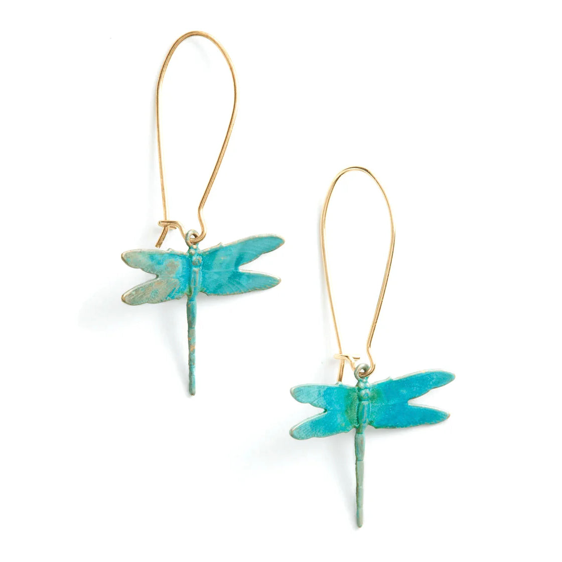 Dragonfly-shaped earrings on gold hooks against a white background