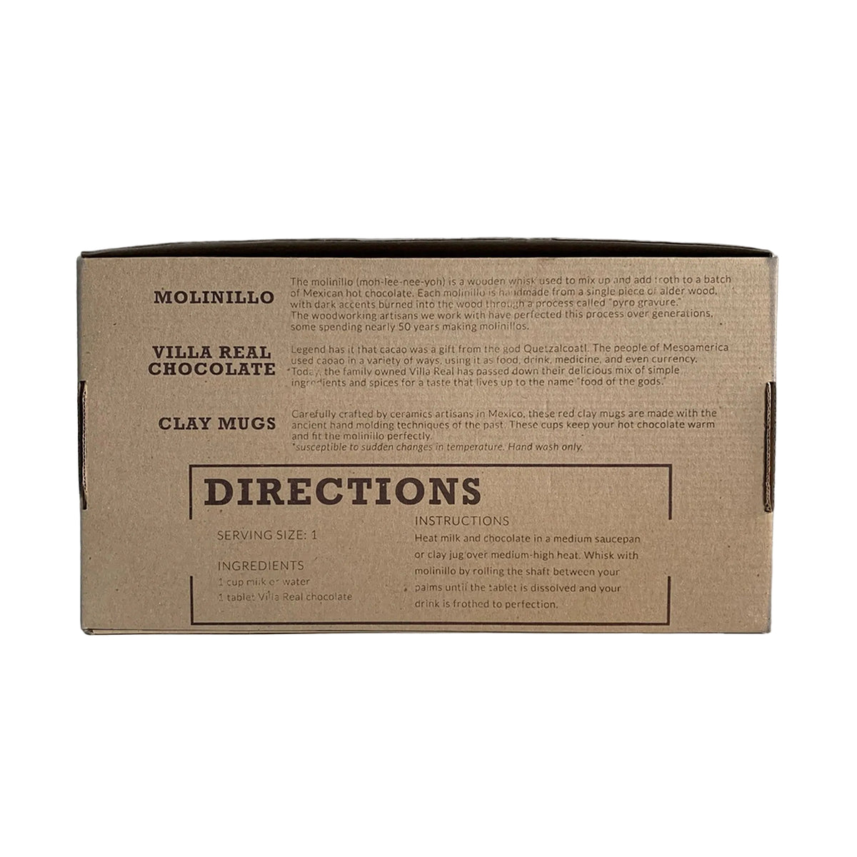 A brown cardboard box showing the back side with printed text for Molinillo, Villa Real Chocolate, Clay Mugs, and Directions, placed on a white background.