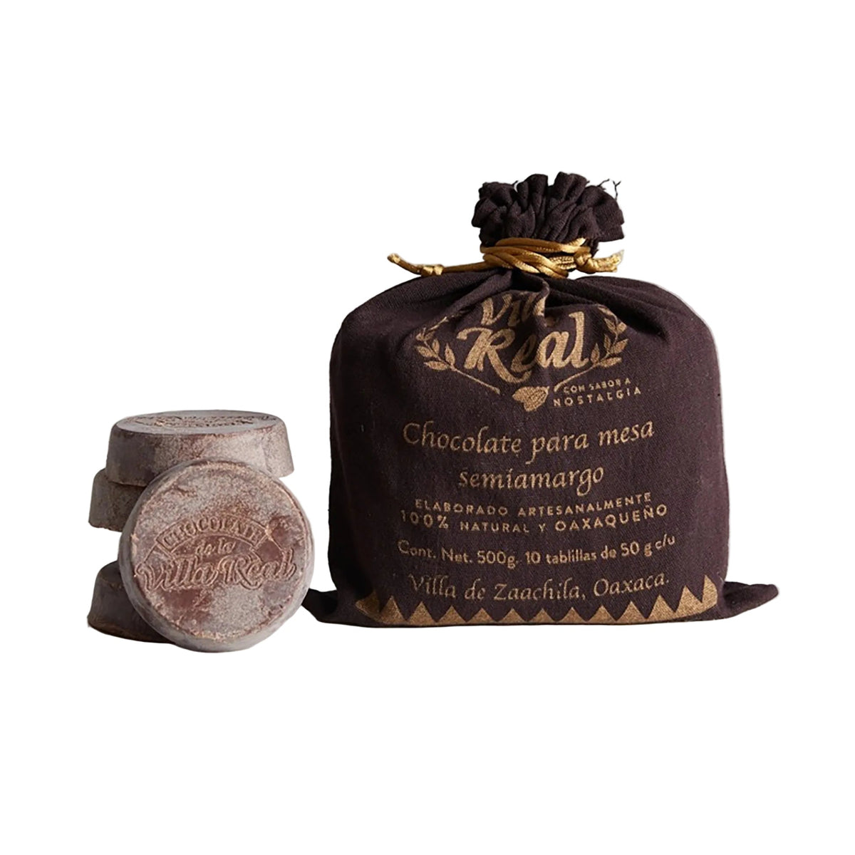 A dark brown drawstring pouch with round chocolate tablets beside it on a white surface