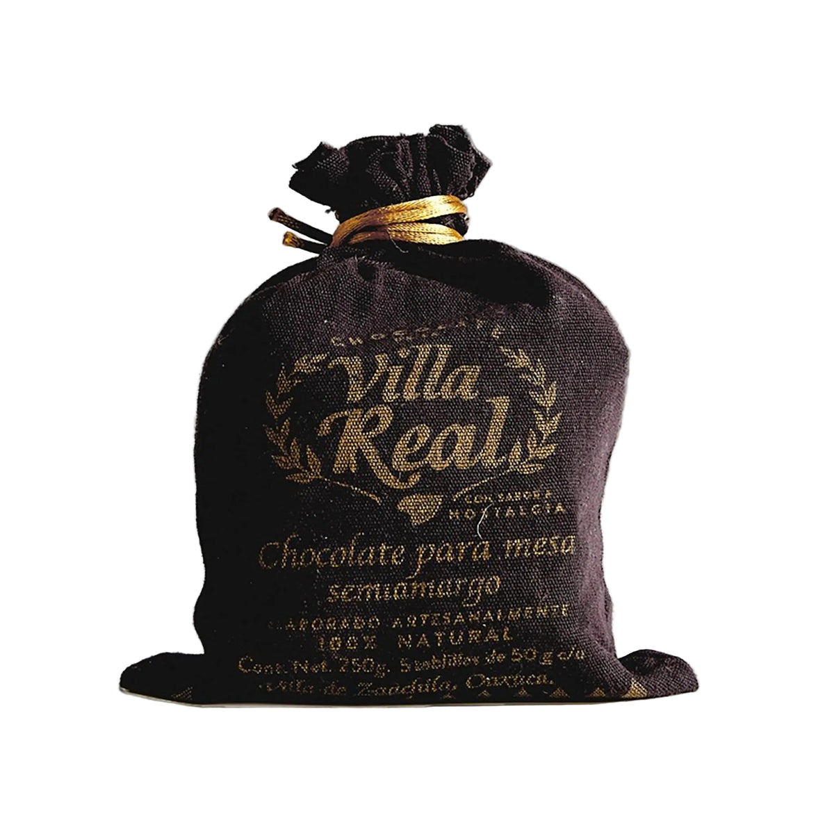 A dark brown velvet drawstring pouch with gold foil printing reading 'Villa Real' and 'Chocolate para mesa semitomargo', tied with a gold ribbon, set against a white background.