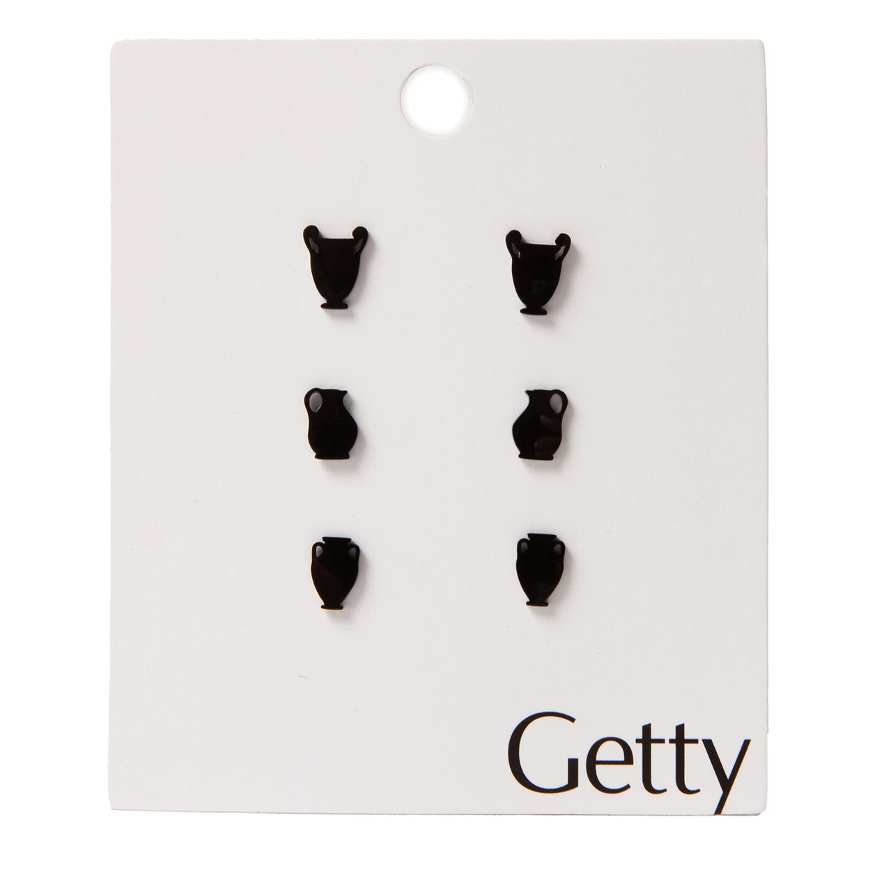 Set of gold vessel-shaped earrings on a 'Getty' branded card