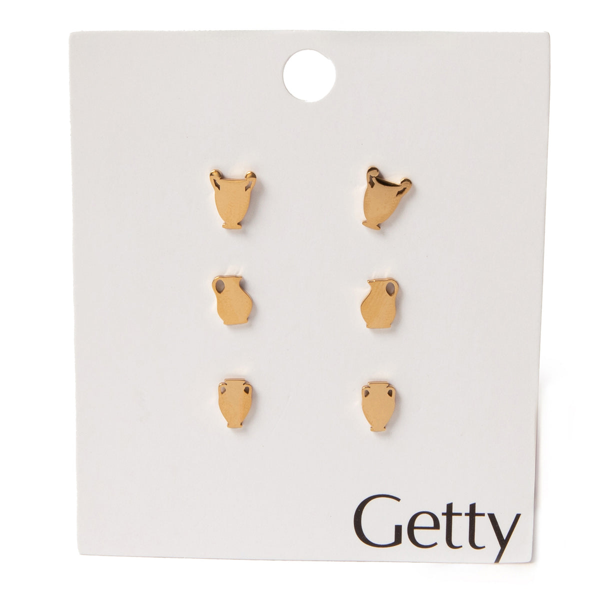 Set of gold vessel-shaped earrings on a 'Getty' branded card