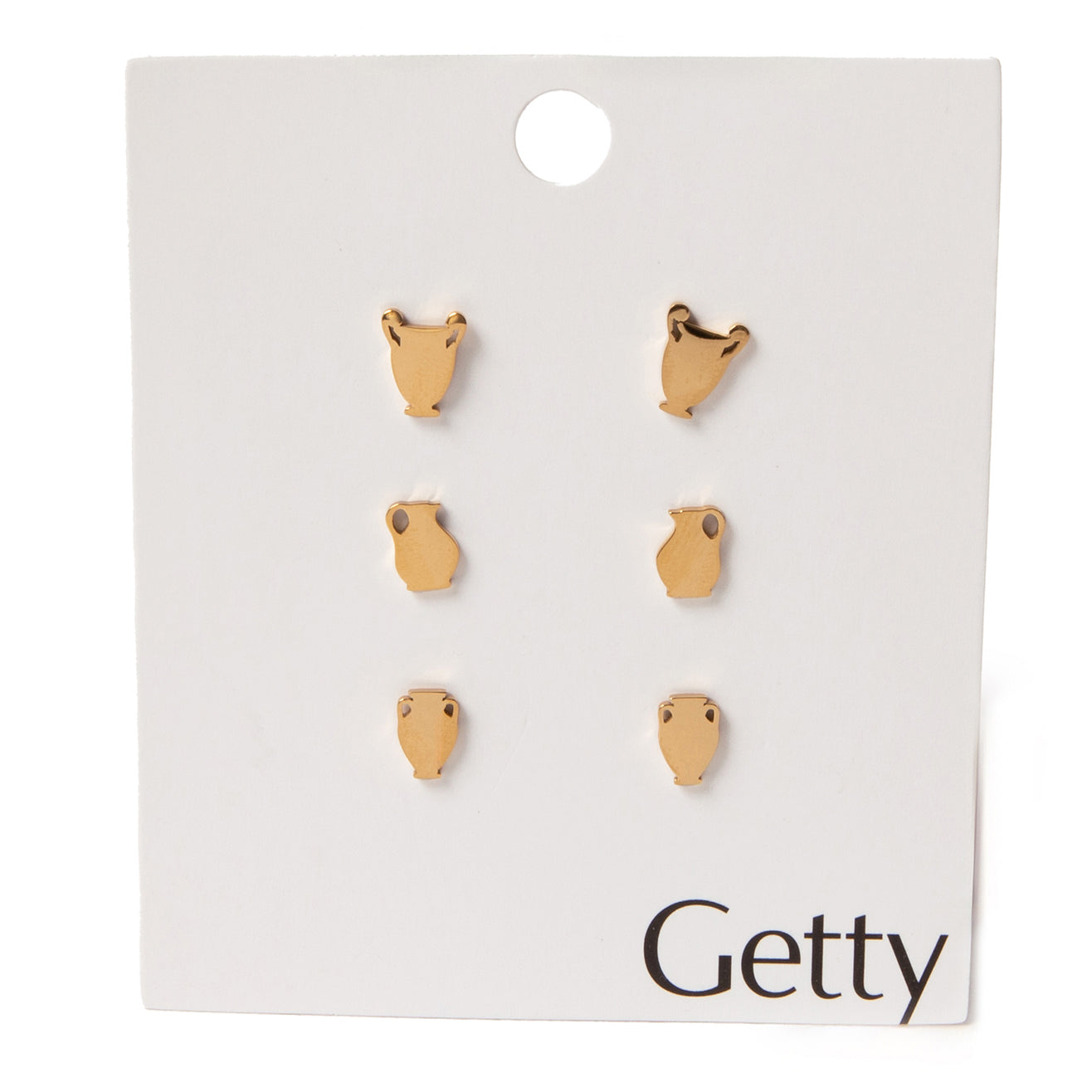 Set of gold vessel-shaped earrings on a 'Getty' branded card