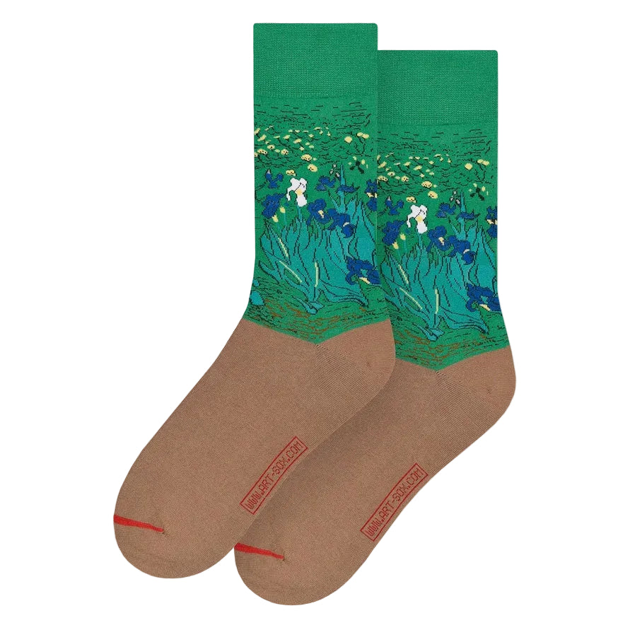 Green and brown socks with Van Gogh 'Irises' design on a white background