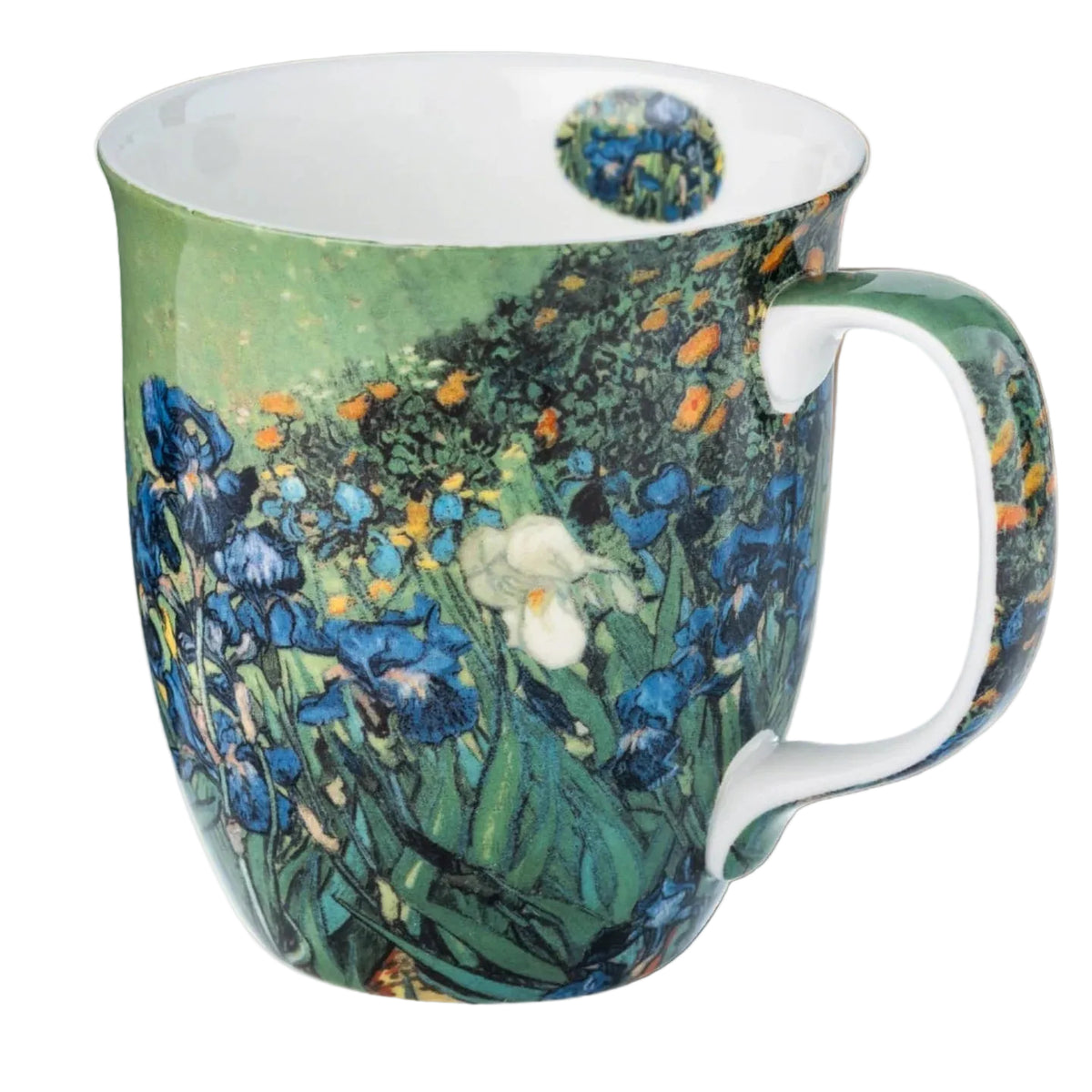 A ceramic mug featuring a detailed painting of blue irises and wildflowers on a white background, with a white interior and handle.