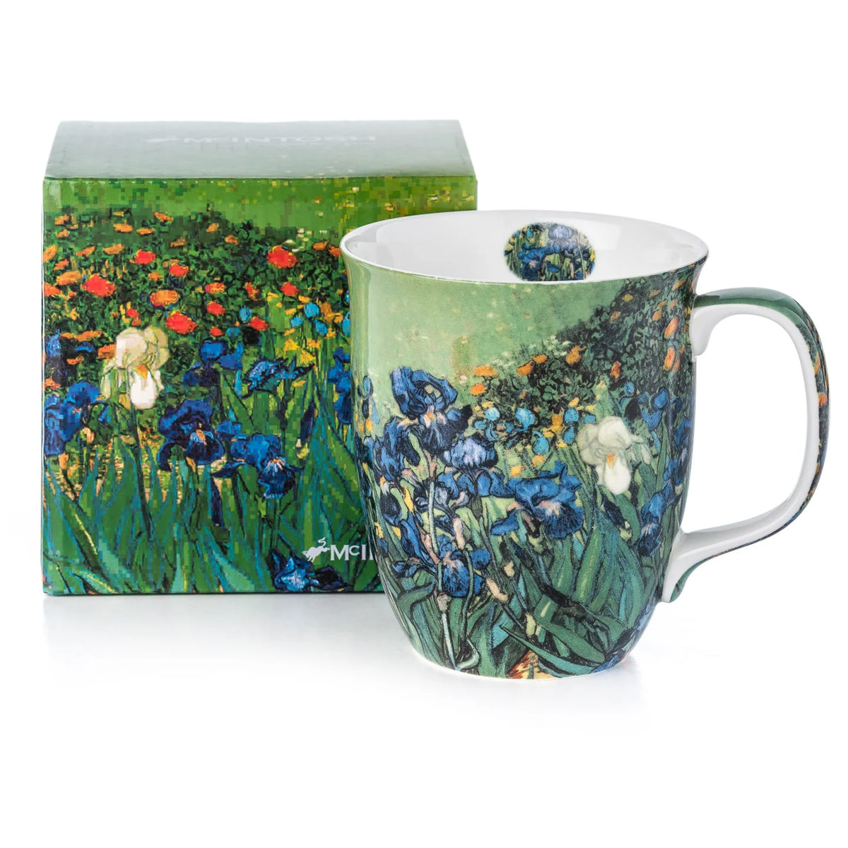 Mug with Van Gogh 'Irises' design next to its packaging
