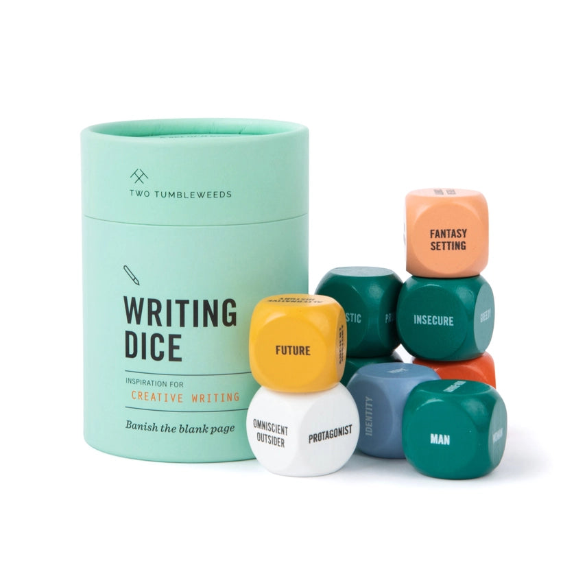 Writing dice set with a mint green container labeled 'Two Tumbleweeds' on a white background.