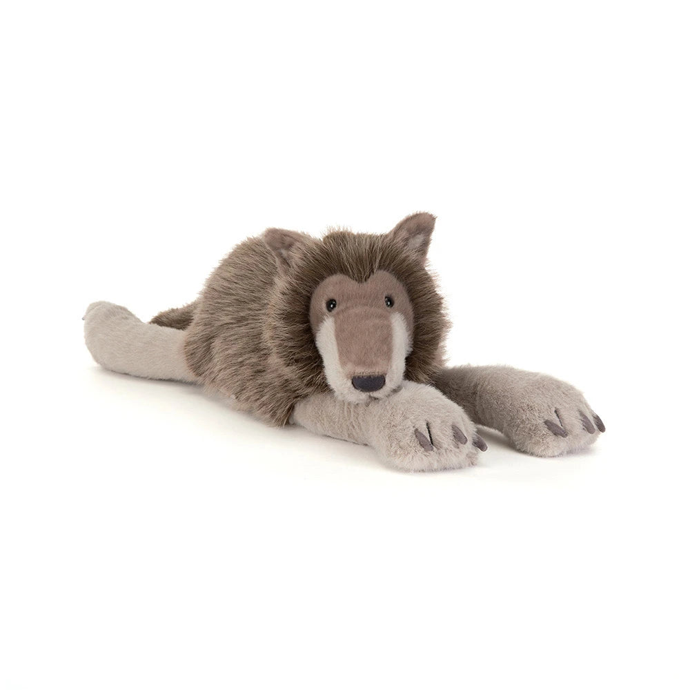A plush stuffed animal shaped like a wolf lying down on a clean white background. The toy has a brown and gray body with a lighter beige muzzle and gray paws and legs.
