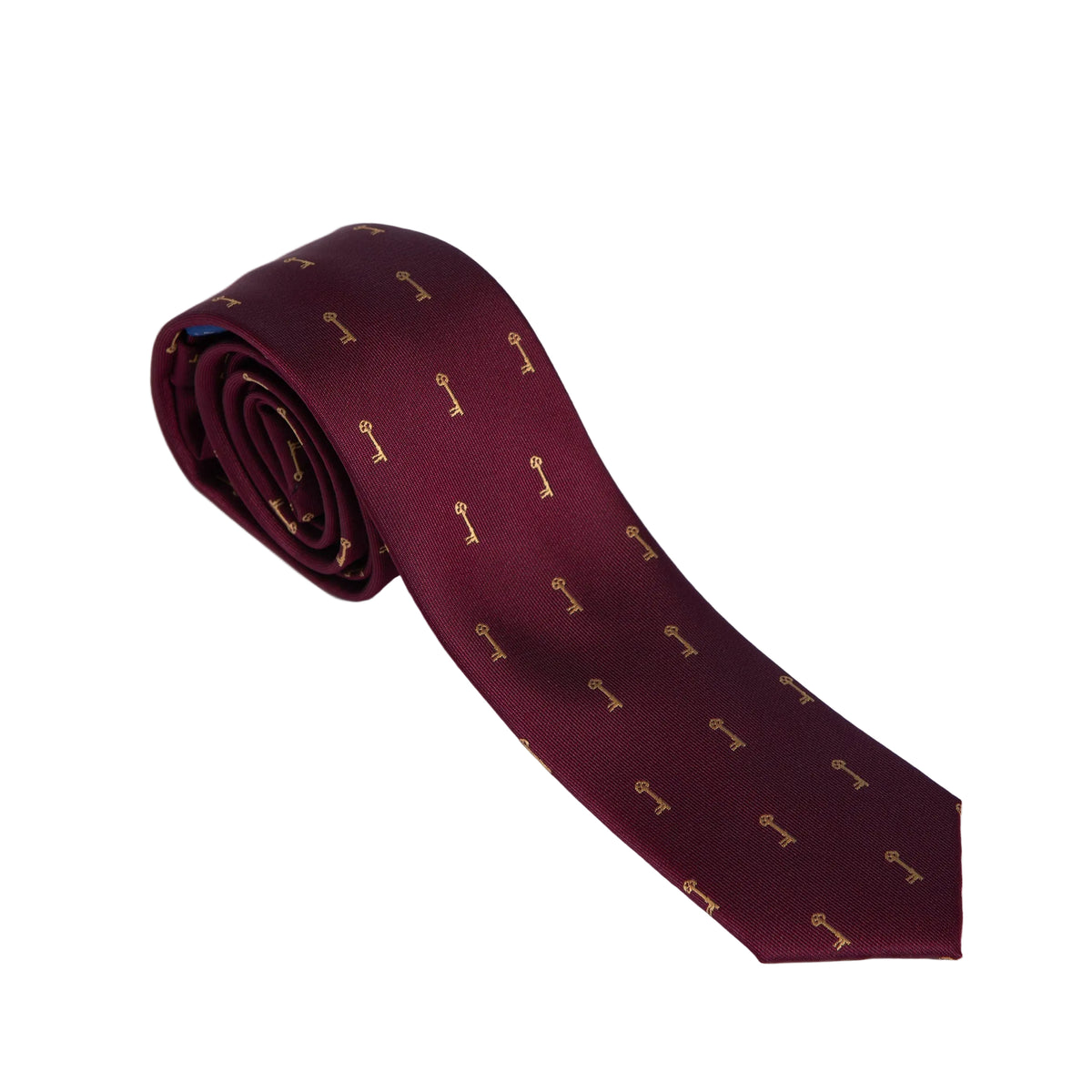 Maroon tie with gold key pattern on a white background