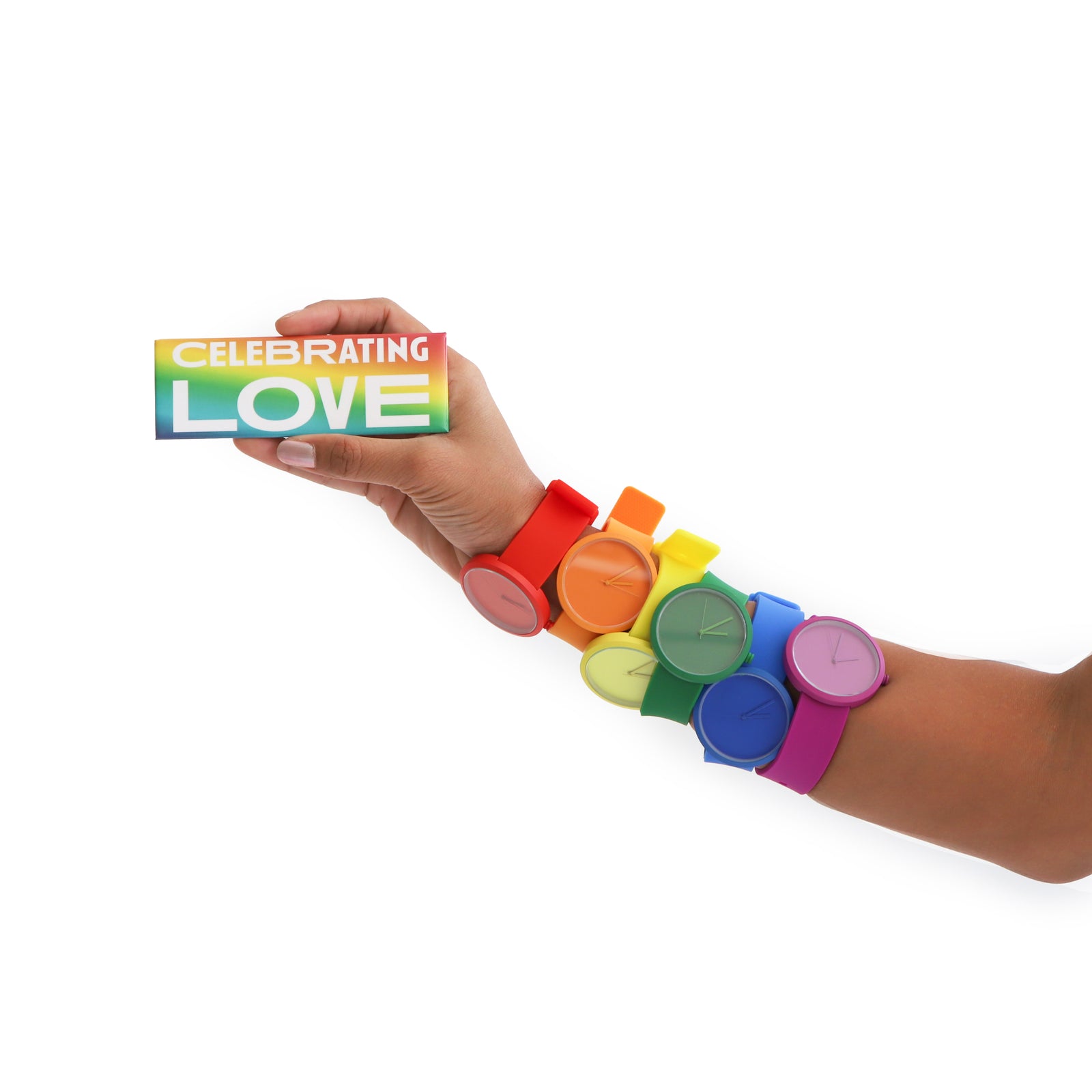 Colorful wristwatches arranged in a grid on a white background