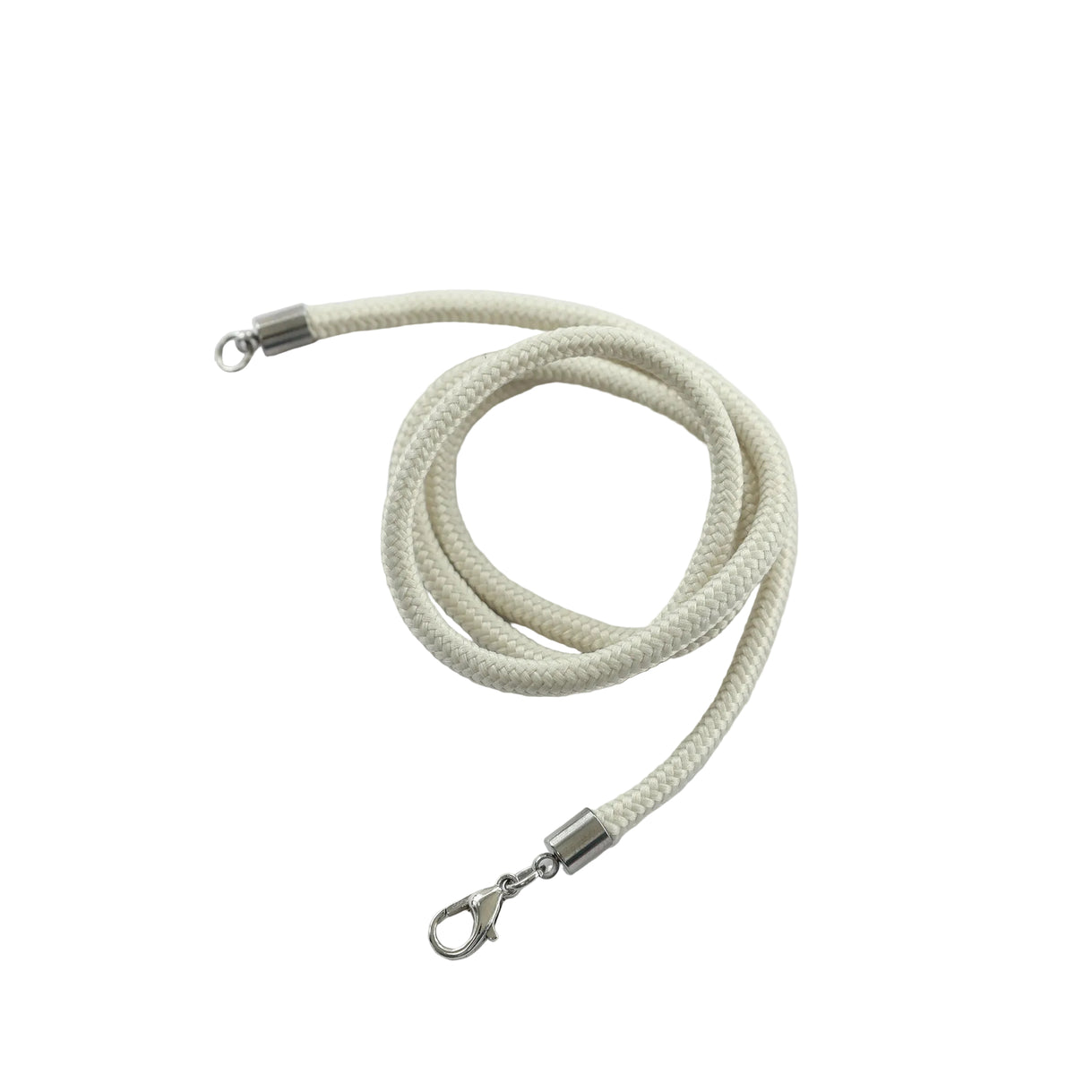 A cream-colored braided rope necklace or strap with silver metal end caps and a lobster clasp, coiled on a light gray background.