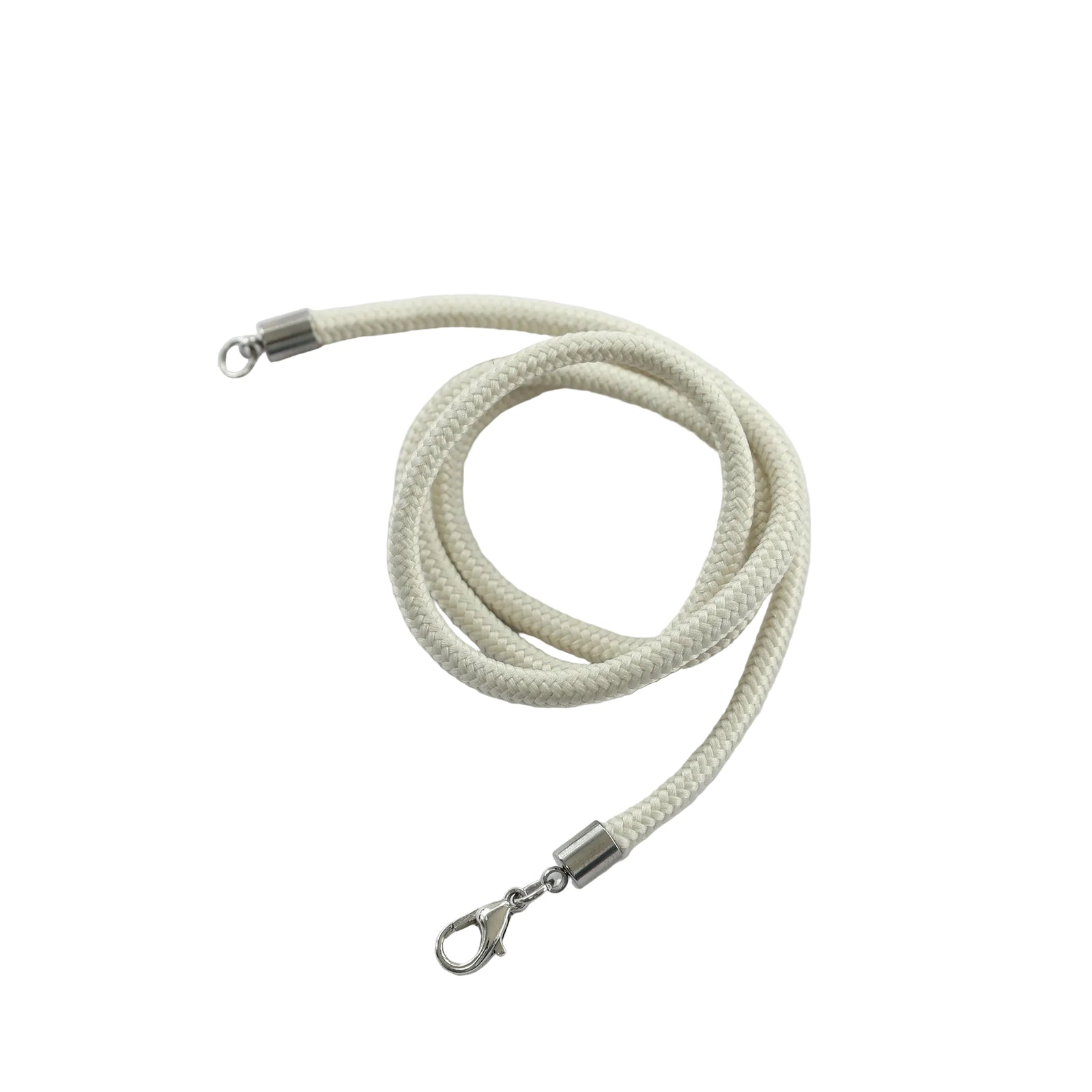 A cream-colored braided cord bracelet with three small charms: a silver rectangular charm, a gold circular charm with a bird design, and a blue square charm with gold lettering, displayed on a clean white background.