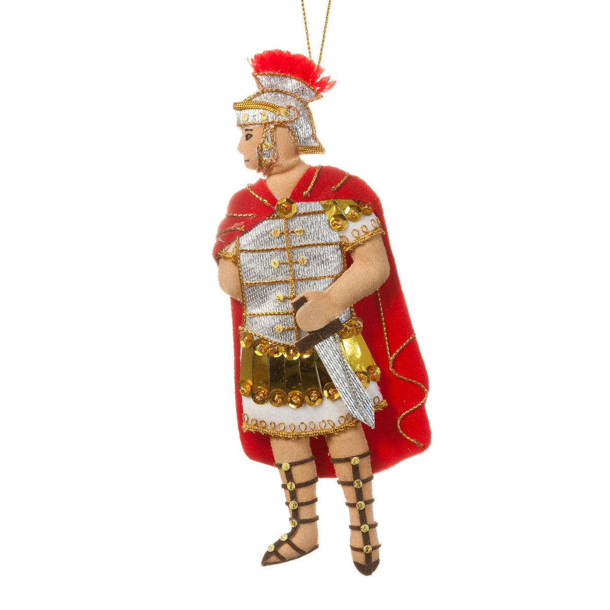 A Roman soldier Christmas ornament featuring a detailed figurine in red, white, and gold armor with a red feathered helmet plume, holding a sword, on a white background.