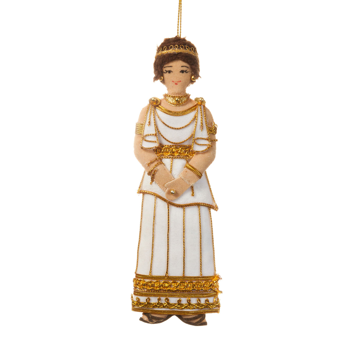 An ornate hanging ornament shaped like a classical female figure in a white robe with gold trim, jewelry, and a gold crown, shown against a plain white background.