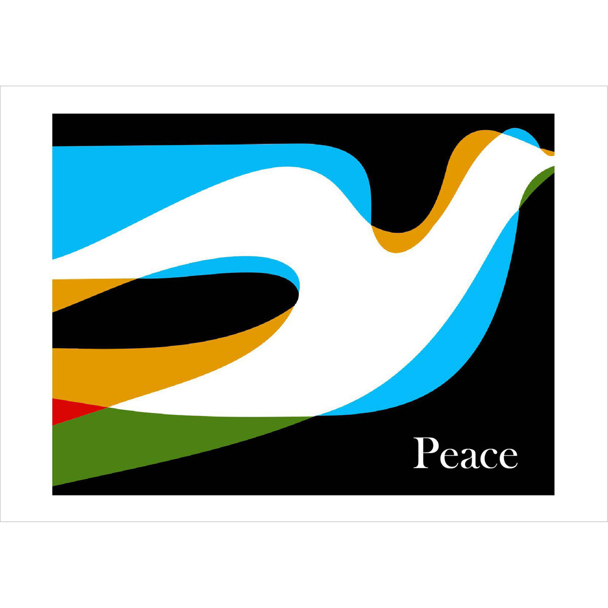 A graphic art print featuring a white dove silhouette layered with flowing blue, orange, green, and red shapes on a black background, with the word 'Peace' in white serif text in the lower right.