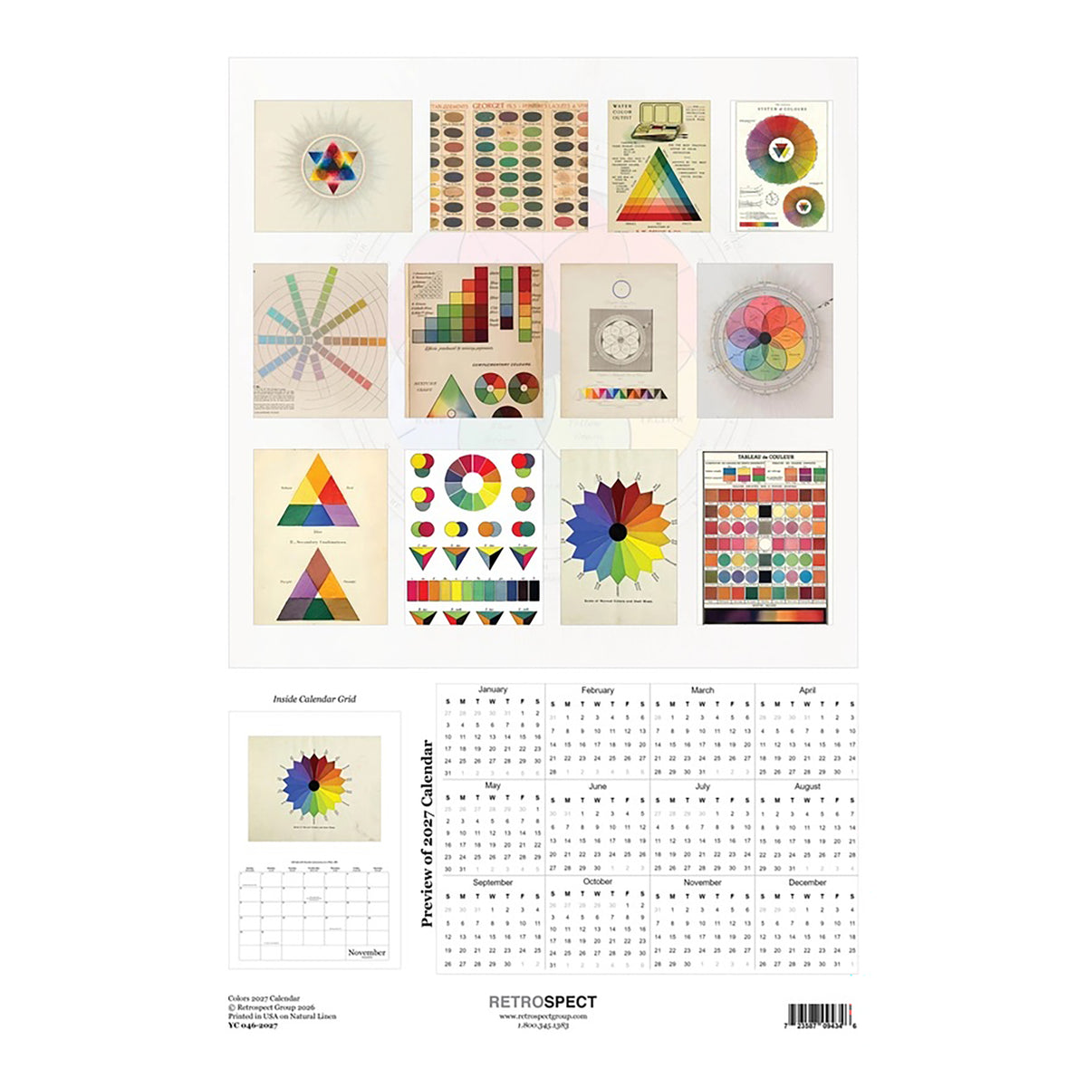 A vintage-style color calendar page titled 'RETROSPECT' showing multiple pastel and bright color charts, swatches, and circular diagrams arranged in a grid above a printed calendar layout and barcode.