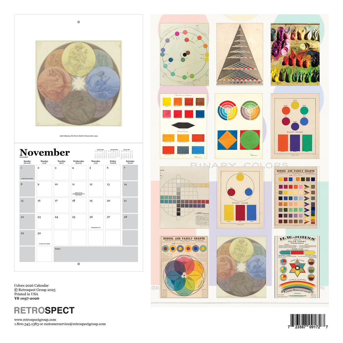Calendar back cover with 12 different vintage looking color chart photos and Retrospect branding