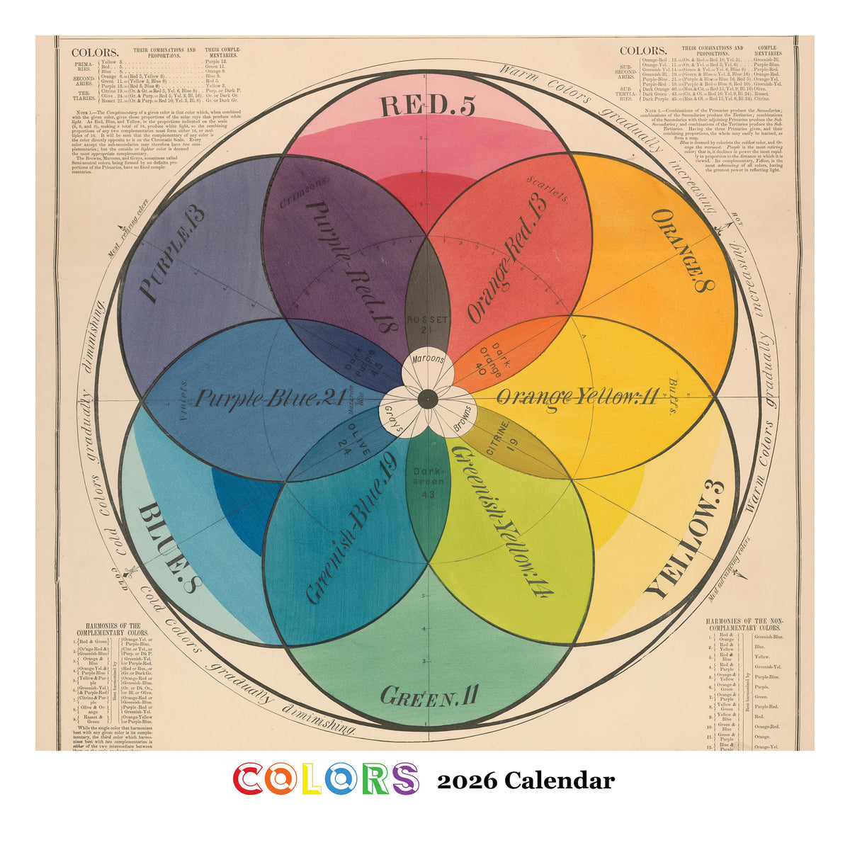 Color wheel design with labeled colors on a vintage-style background, featuring the text &#39;COLORS 2026 Calendar&#39;.