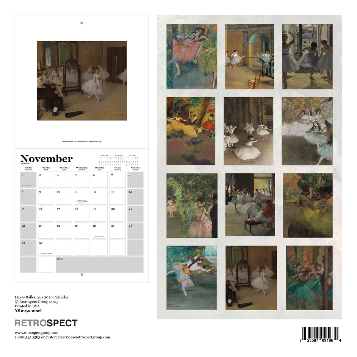 Back of calendar with 12 Degas paintings featuring ballerinas