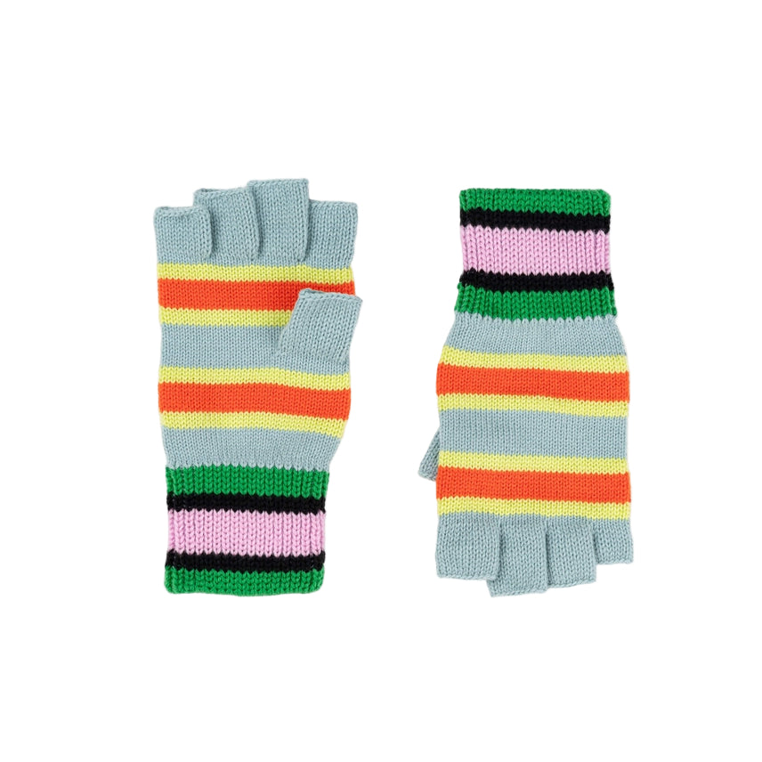 Colorful striped fingerless gloves on a light gray background