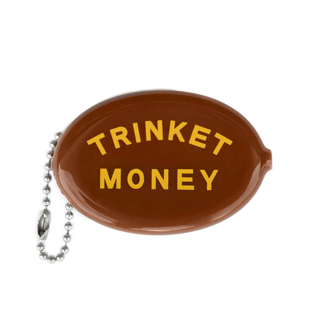 Brown coin purse with 'TRINKET MONEY' text on a white background