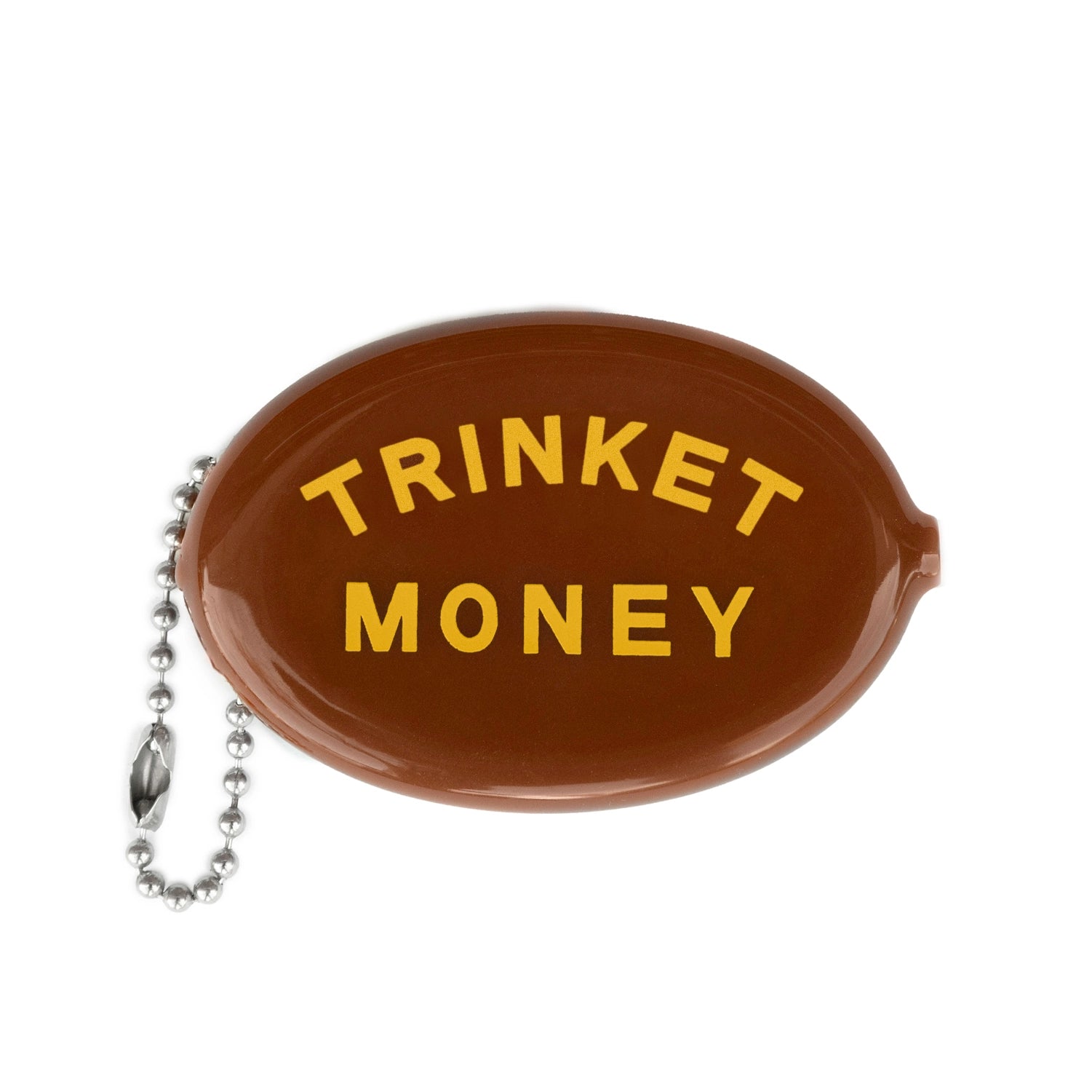 Brown coin purse with 'TRINKET MONEY' text on a white background