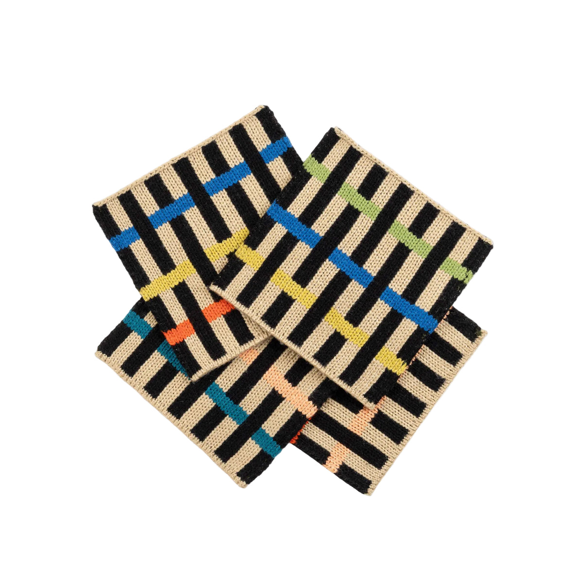Three woven square coasters with a black and beige striped pattern and colorful geometric accents, arranged on a light gray background.