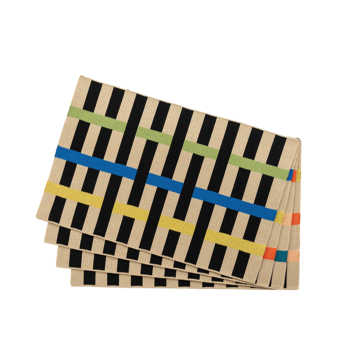 A stack of woven placemats with a geometric pattern of black and beige vertical stripes, accented by horizontal stripes in blue, yellow, green, and orange, displayed on a light gray background.