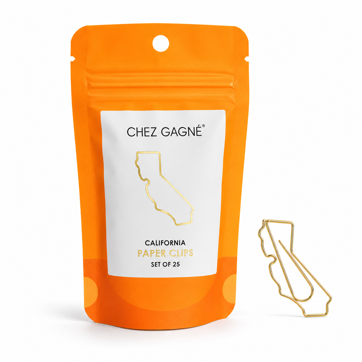 An orange resealable pouch labeled Chez Gagné California Paper Clips, shown on a white background with one gold paper clip displayed beside it.