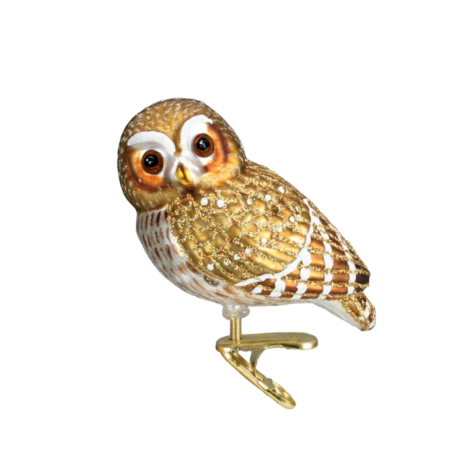 A hand-painted owl figurine with a gold glittery body, brown and white patterned feathers, and realistic brown eyes, mounted on a gold-colored metal stand against a plain white background.