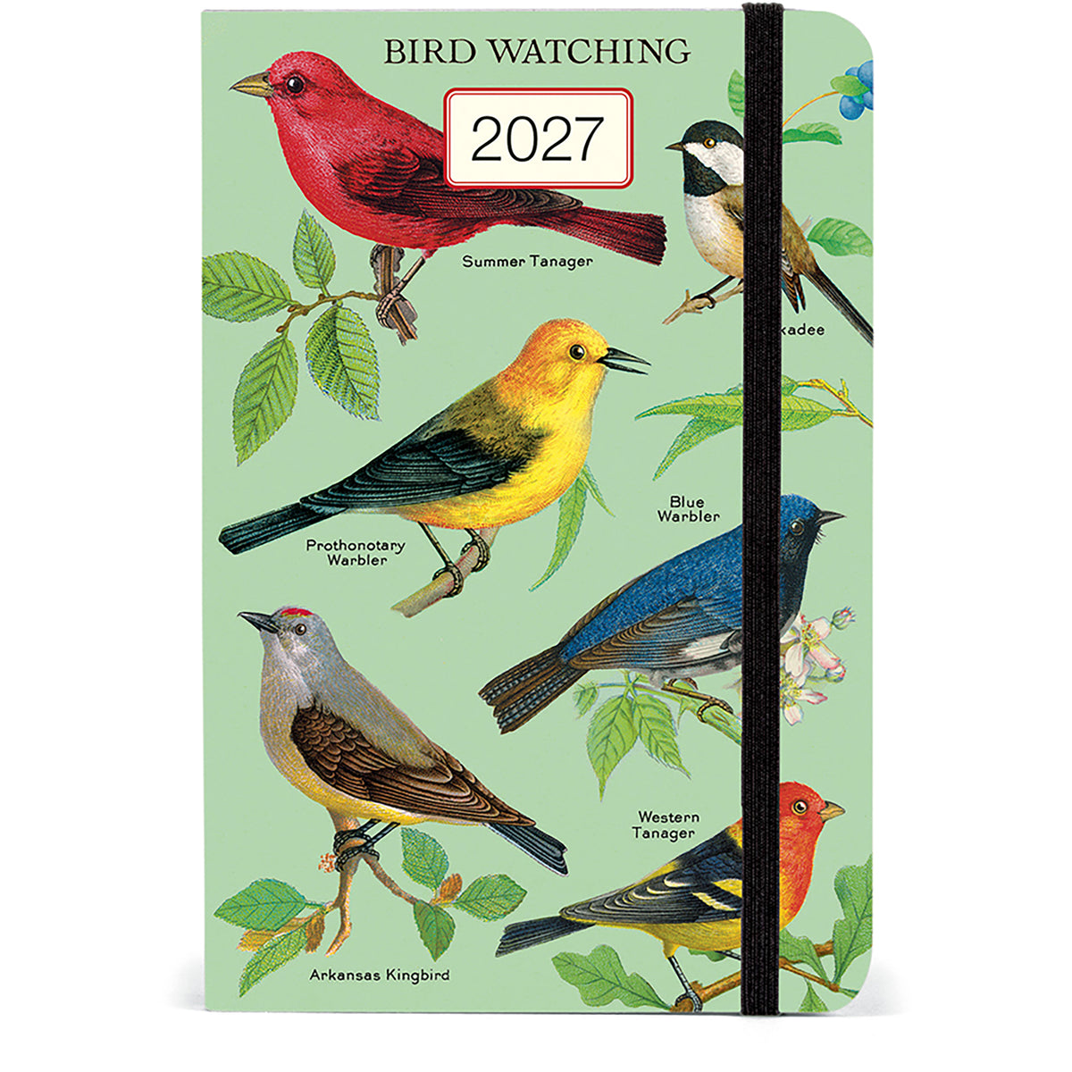 A hardcover planner titled 'BIRD WATCHING' with a light green cover printed with illustrated birds and leaves, a white '2027' label near the top, and a black elastic closure band.