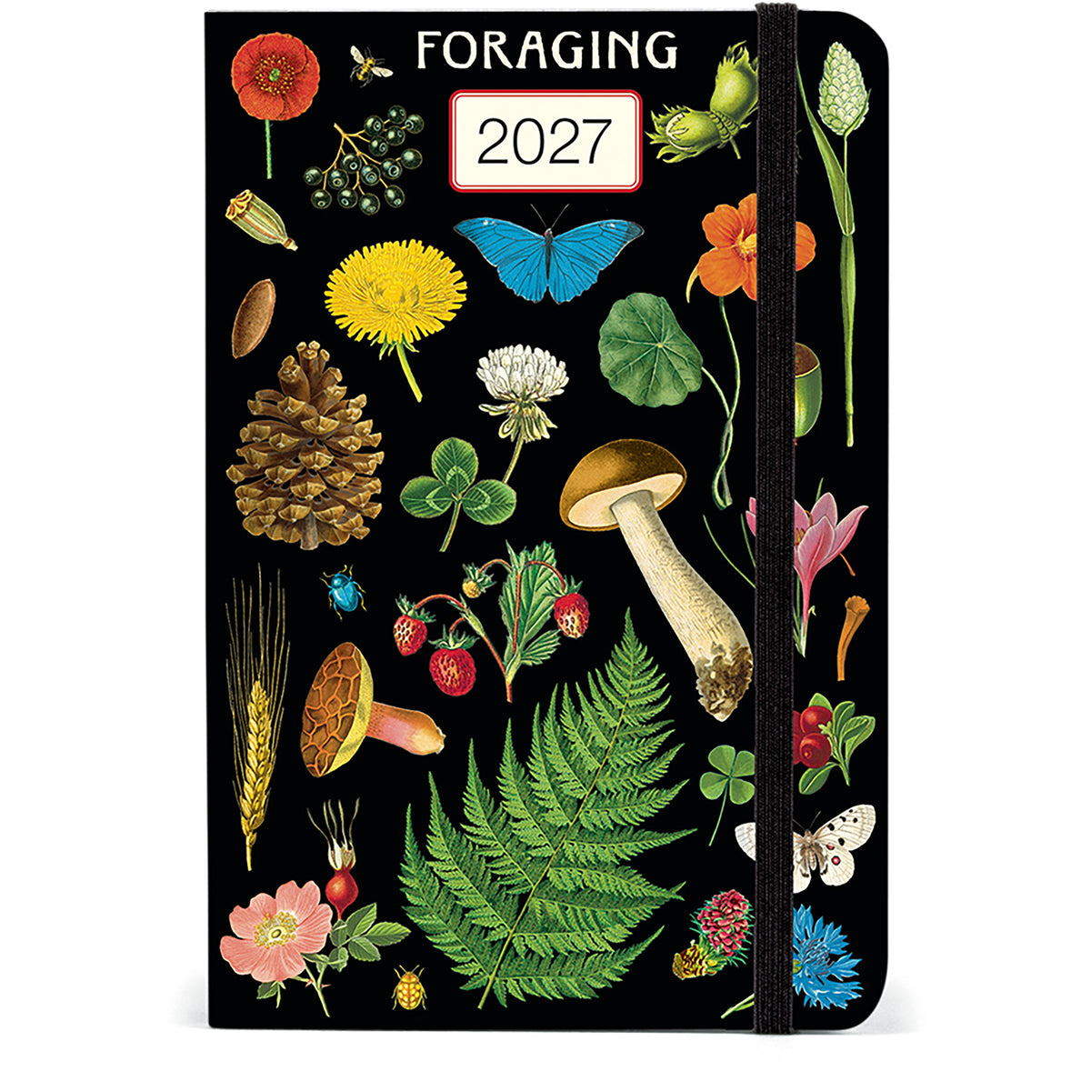 A black 2027 foraging themed planner with a black elastic closure band, decorated with colorful vintage-style illustrations of wildflowers, mushrooms, ferns, and butterflies. The cover features the word 'FORAGING' at the top and a white label box displaying '2027'.