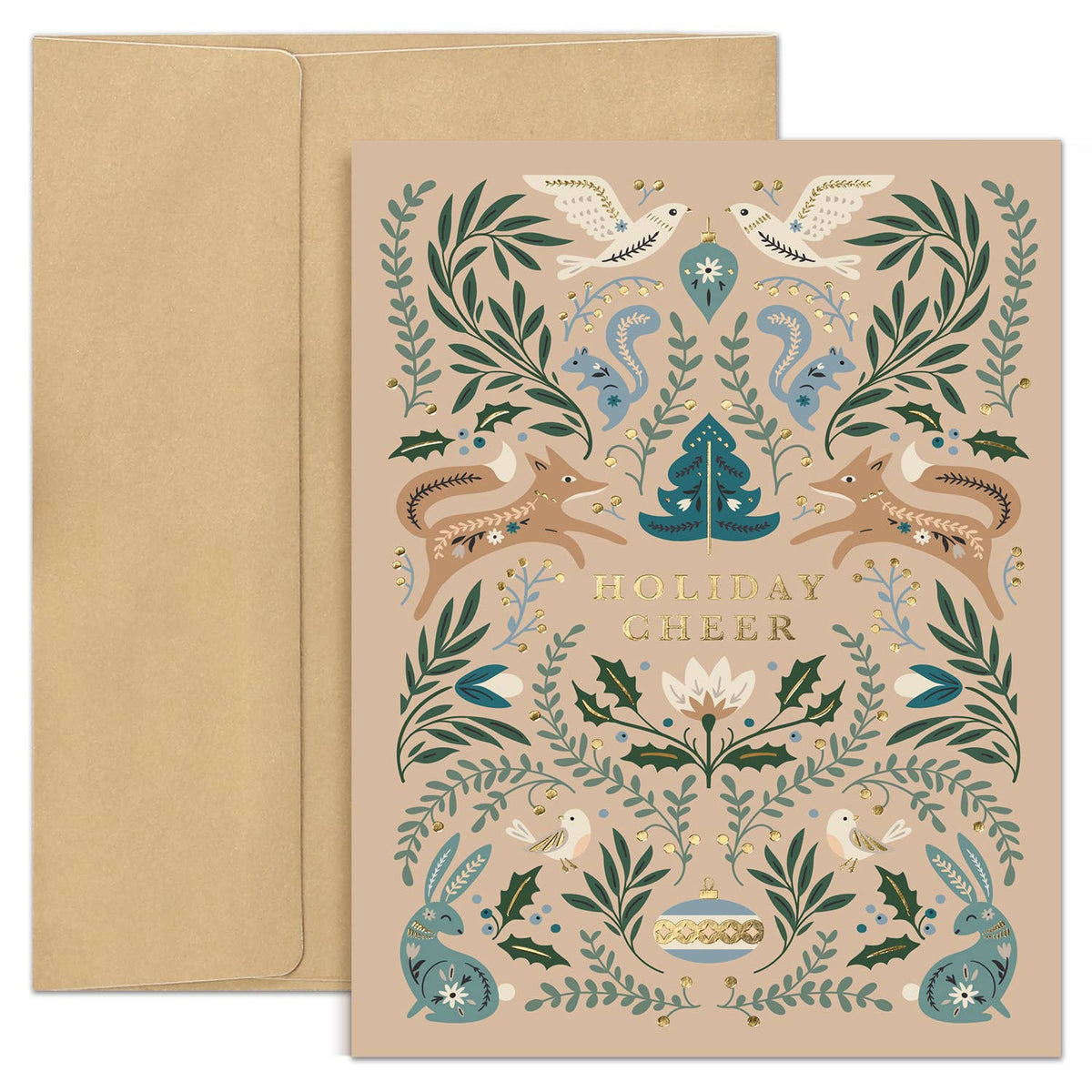 A square greeting card with a kraft envelope behind it. The card has a warm beige background and is decorated with a symmetrical, festive illustration featuring holly, birds, squirrels, deer, a Christmas tree, and the words 'HOLIDAY GREETINGS' in gold.