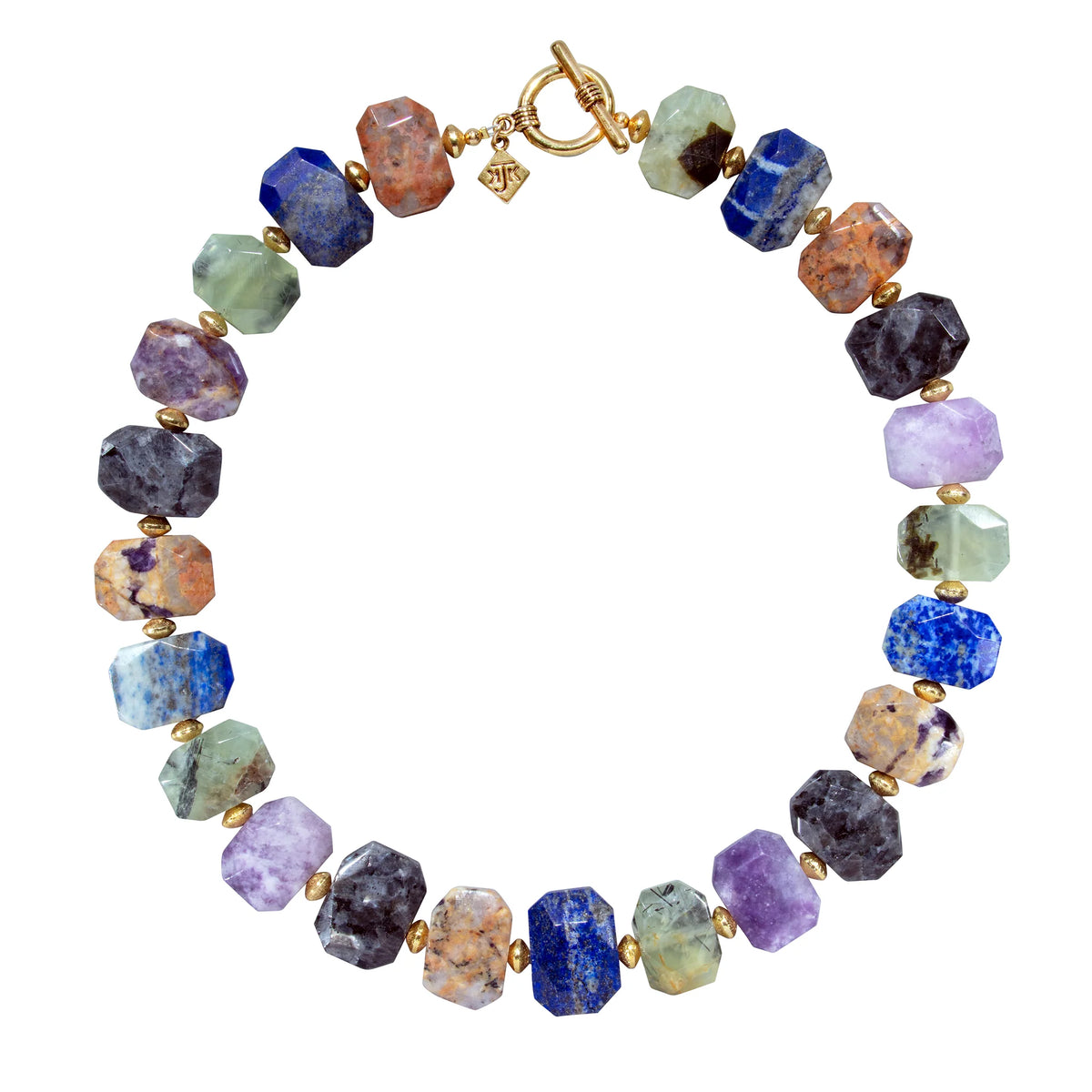 Multicolored beaded bracelet with gold accents on a white background