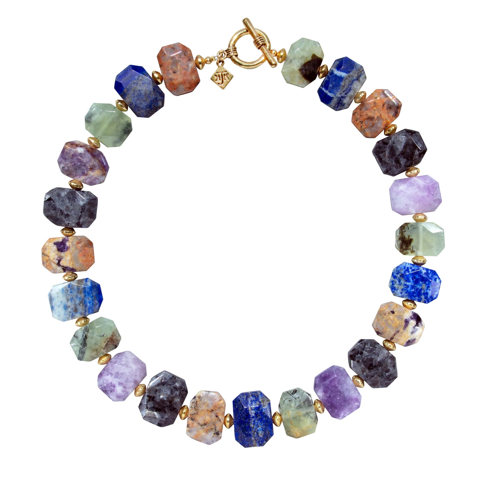 Multicolored beaded bracelet with gold accents on a white background