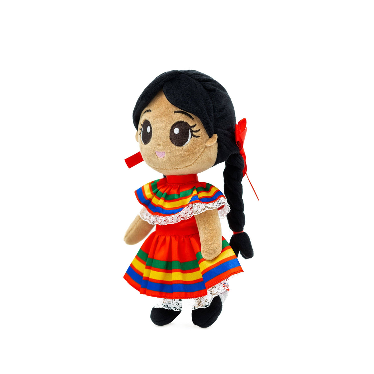 Plush toy of a girl in a colorful dress with a white background