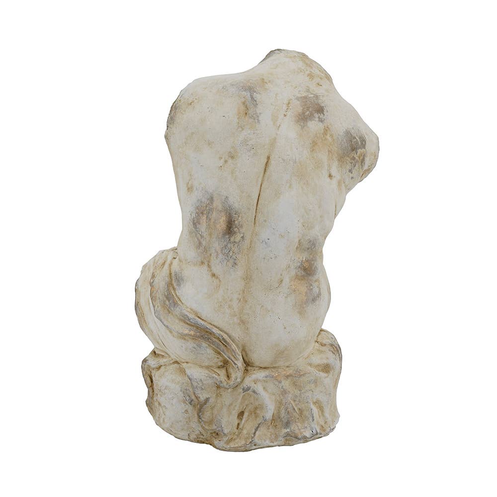 A rustic, weathered stone-textured sculpture of a seated female torso viewed from the back, featuring a distressed cream and beige finish with gray-brown weathered details, set against a plain white background.