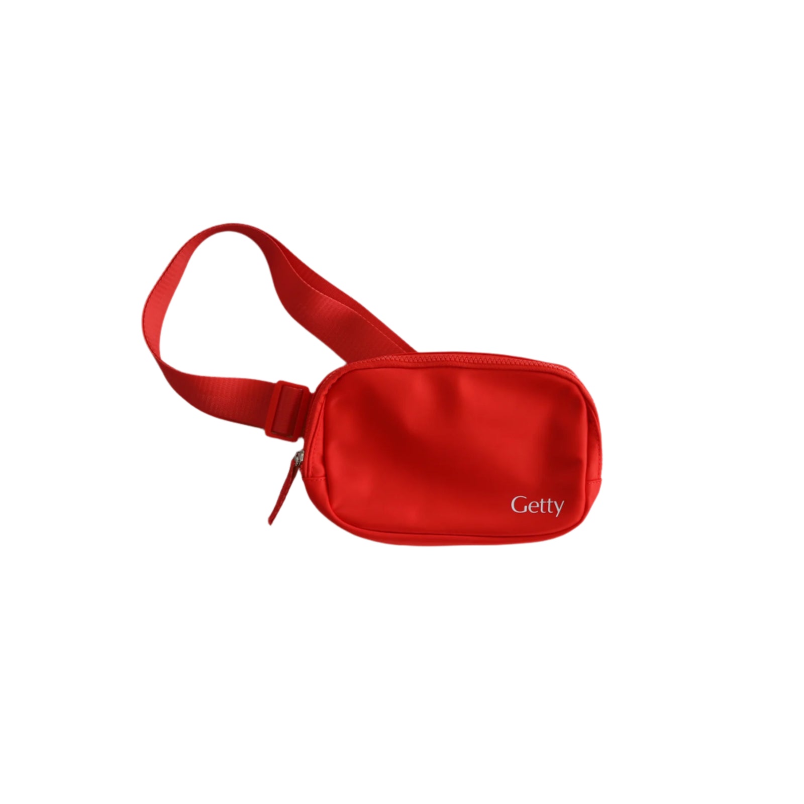 Red belt bag with 'Getty' branding on a white background