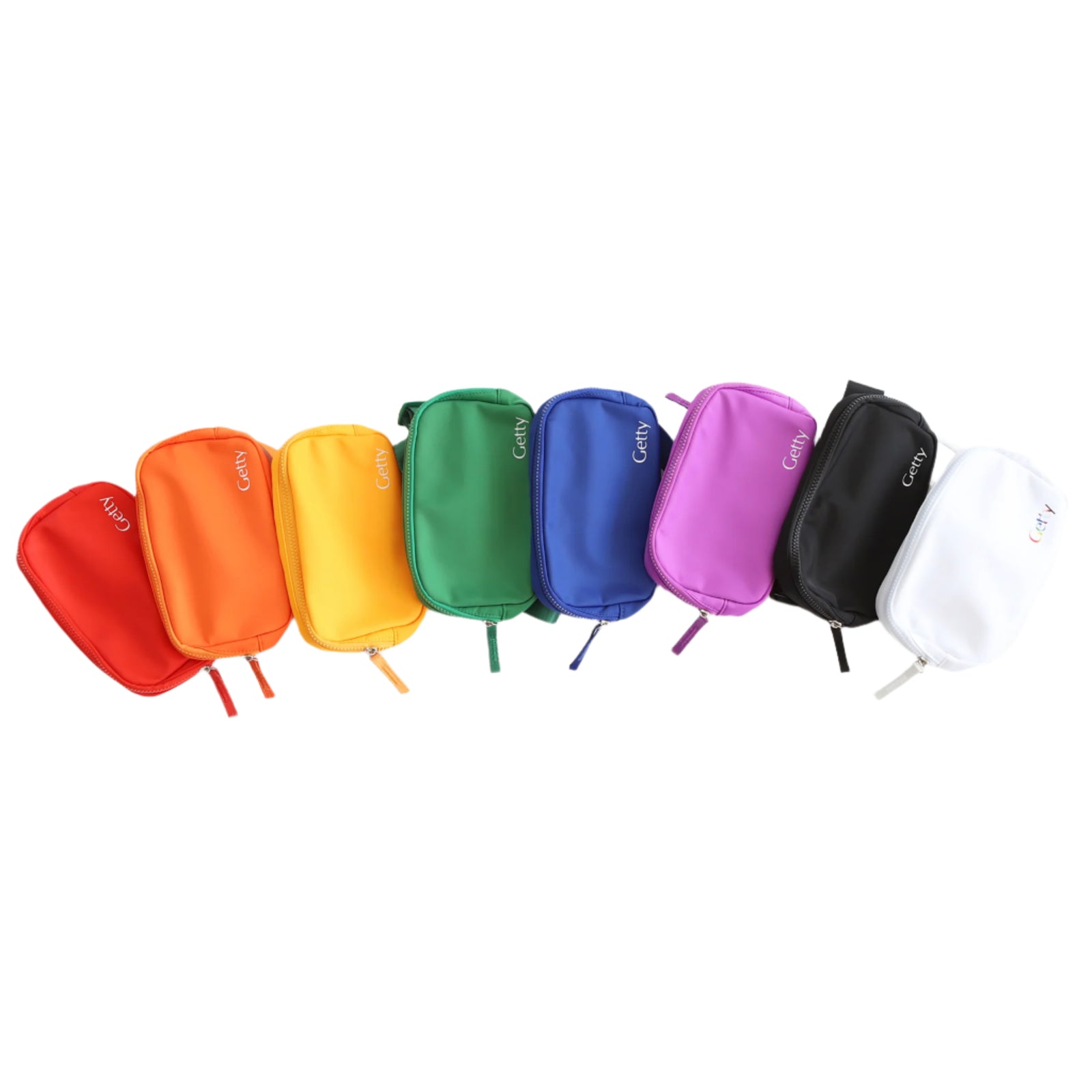 Set of colorful belt bags with 'Getty' branding on a white background