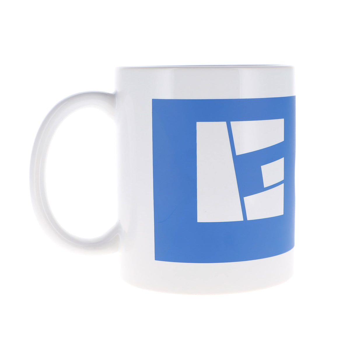 A white ceramic mug featuring a large blue square graphic on the side with a stylized white letter 'G' inside, set against a plain white background.