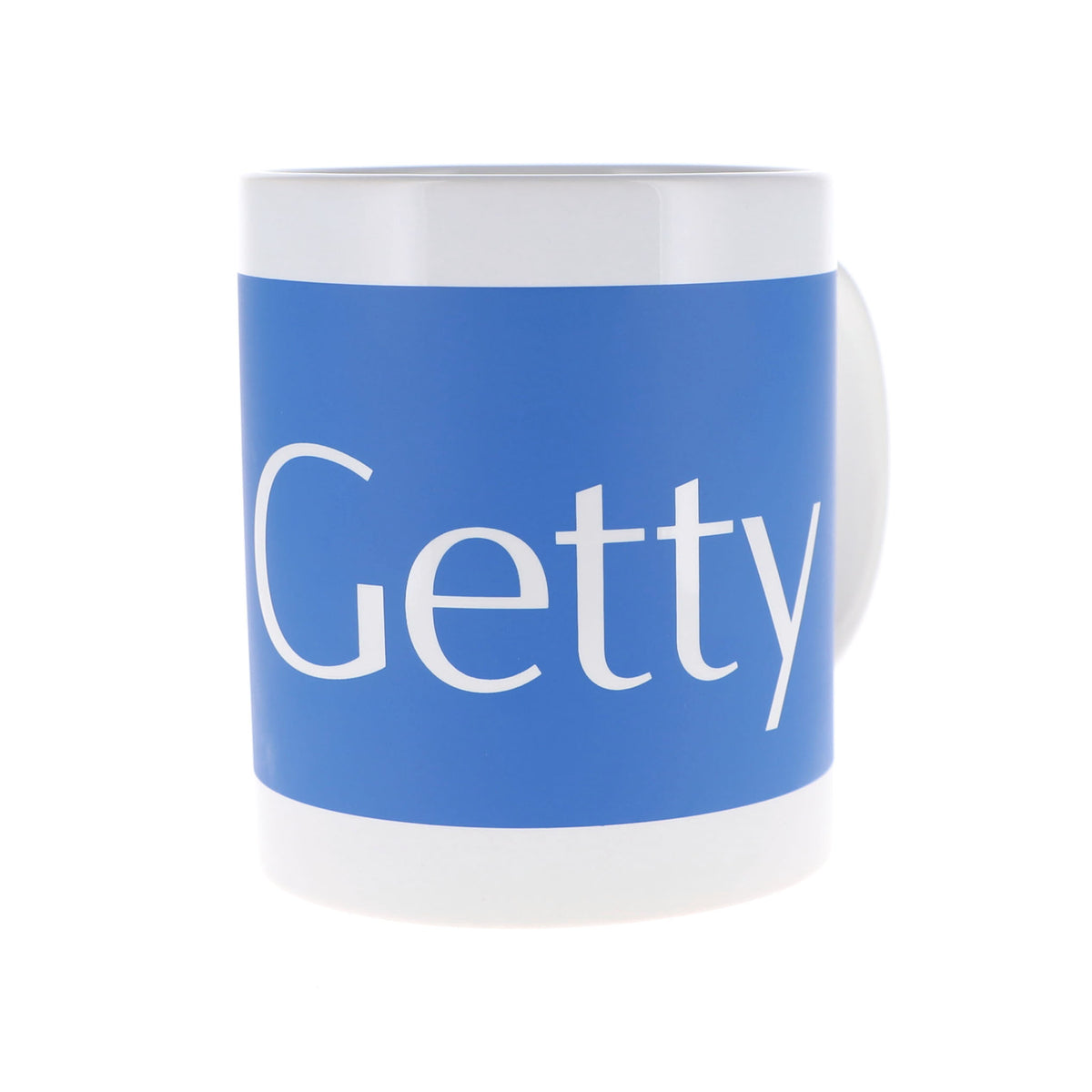 A white ceramic mug featuring a bold blue band around the middle with the word 'Getty' printed in large white serif letters, shown on a plain white background.