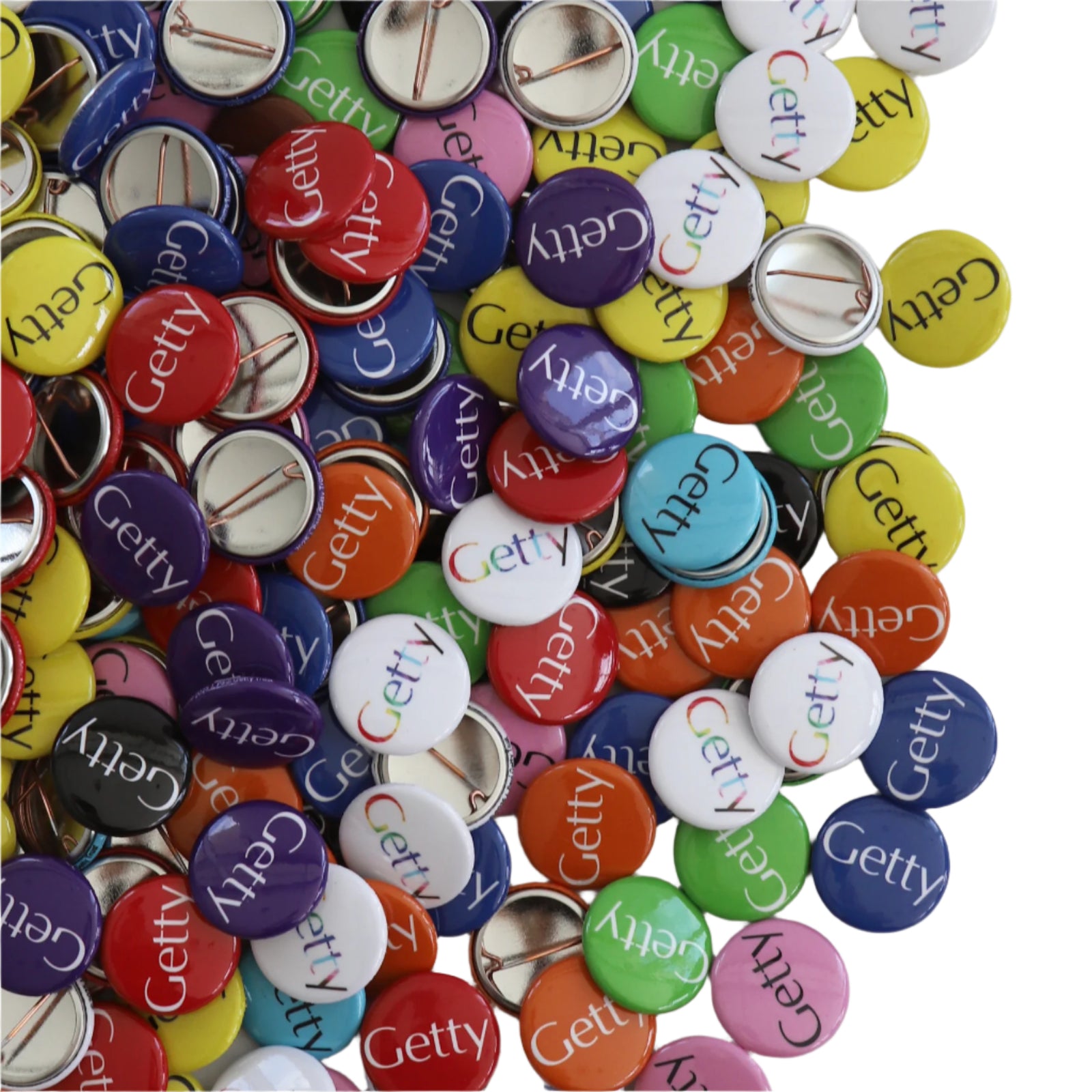 Collection of colorful 'Getty' buttons on a white background