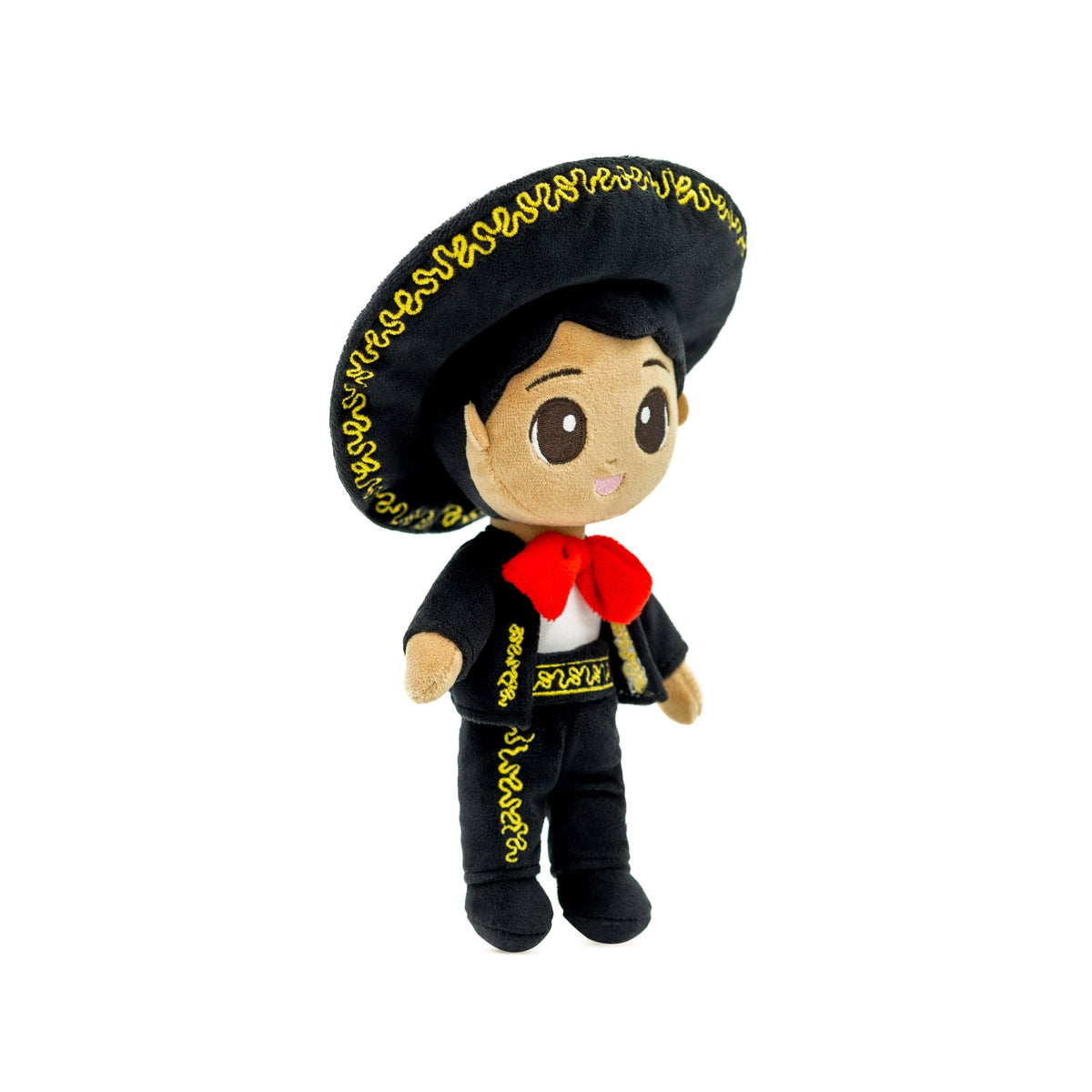 Plush toy in mariachi costume with black hat and red bow tie on a white background