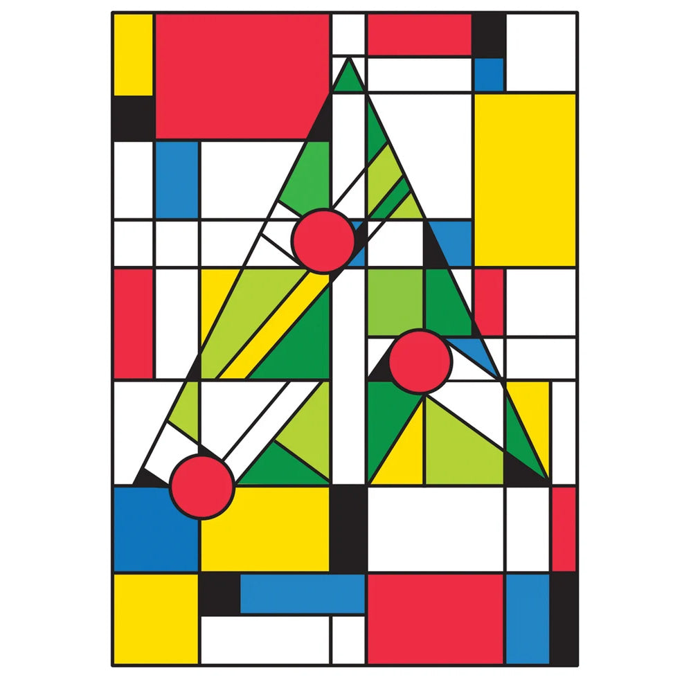 A geometric art print featuring a stylized Christmas tree composed of green, yellow, and red shapes outlined in black, set against a Mondrian-style grid background with red, yellow, blue, white, and black blocks.