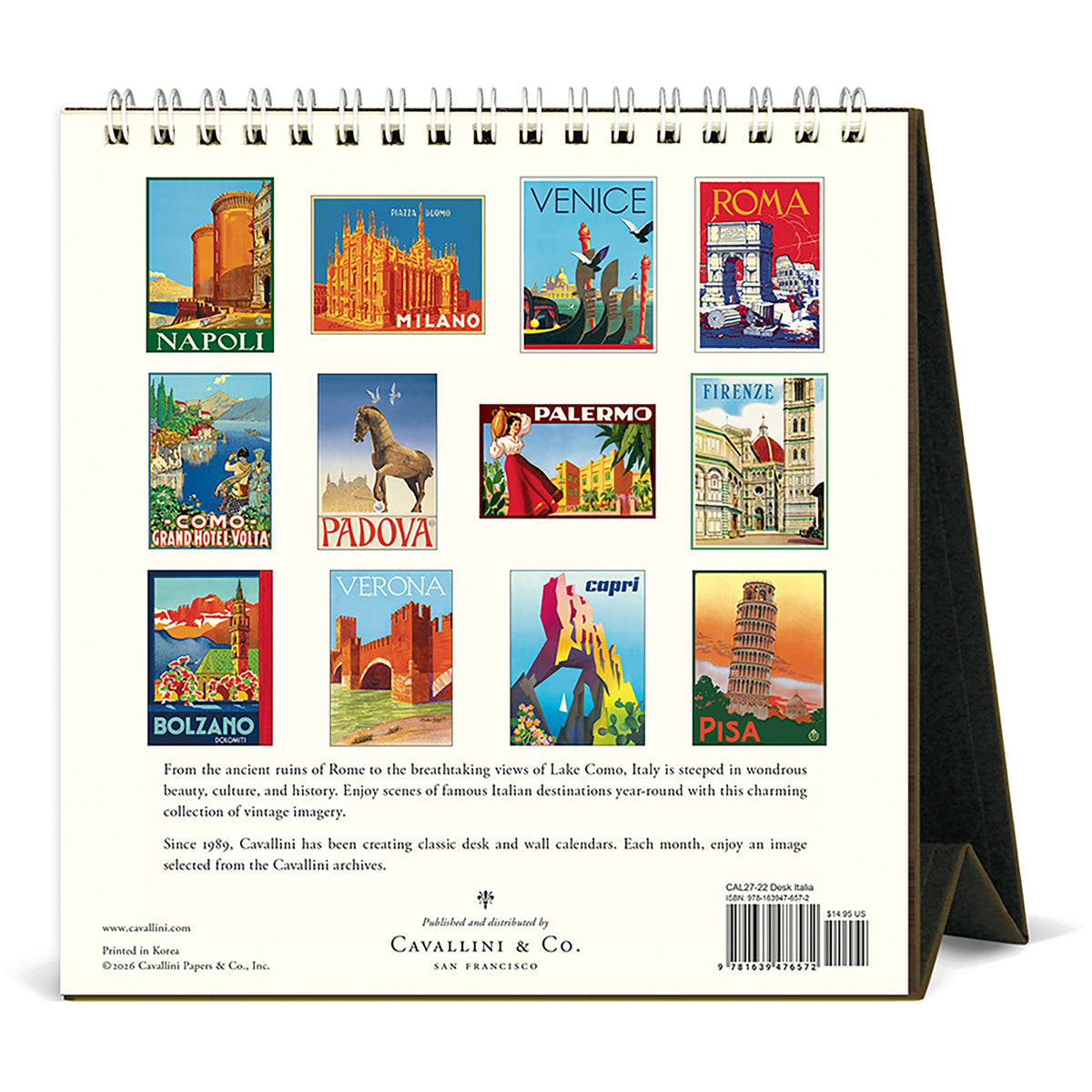 Back cover of a spiral-bound Cavallini & Co. desk calendar showing a grid of colorful vintage-style Italian travel posters with destinations like Venice, Roma, Napoli, and Milano, plus descriptive text on a white background.