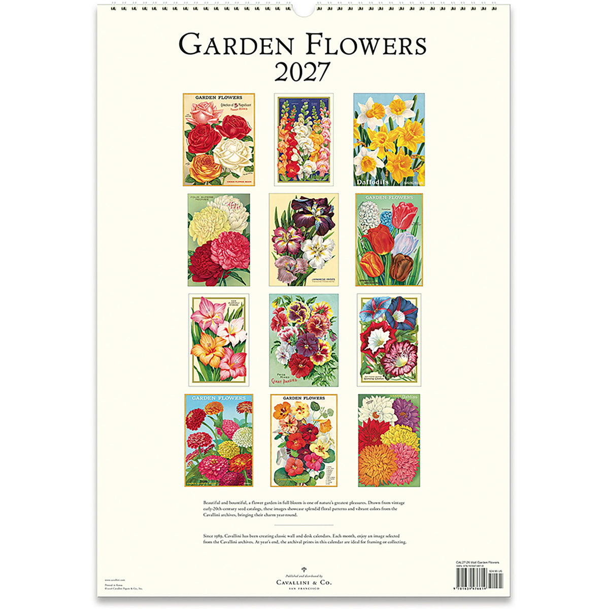 Garden Flowers 2027 calendar by Canaries & Co., featuring a cream-colored page with twelve colorful floral illustration panels and black text at the top.