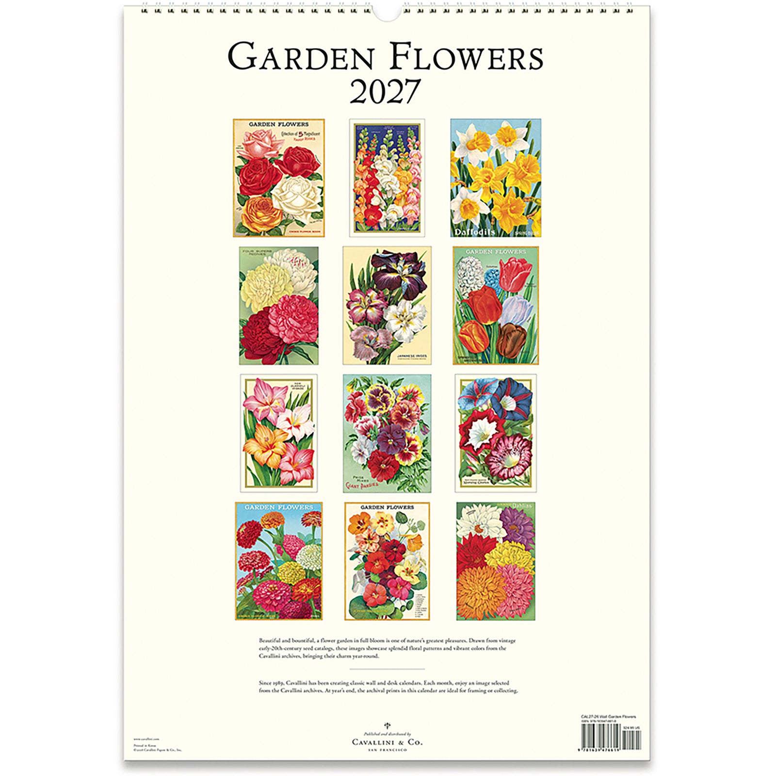 A 2027 Garden Flowers calendar hanging on a white wall. The cover features a colorful vintage-style illustration of zinnia flowers in red, pink, yellow, and white, with the title 'GARDEN FLOWERS' at the top and 'GARDEN FLOWERS 2027' printed below.