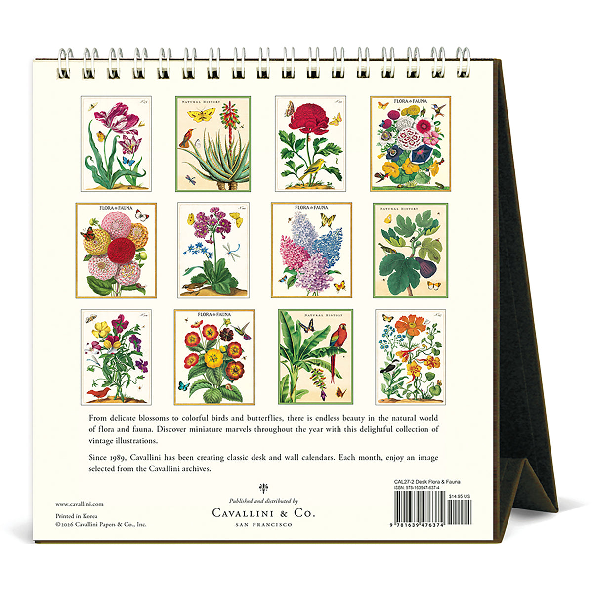 A spiral-bound Cavallini & Co. desk calendar shown from the back, featuring a grid of vintage botanical illustrations with flowers, leaves, and butterflies on an off-white page, with a black side frame visible on the right.